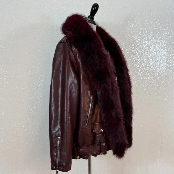 Azalea Wang Aurelia Faux Leather Moto Jacket XL Burgundy Faux Fur Collar NWT - Picture 8 of 16